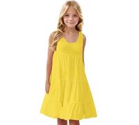 duxyoz Girl's Sundresses Summer Sleeveless Casual Midi Dress Loose Fit Skater Twirl A Line Party Dress Kids Solid Color Round Neck Boho Beach Sundress Girls Playwear Clothing Yellow 9-10 Years