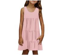 duxyoz Girl's Sundresses Summer Sleeveless Casual Midi Dress Loose Fit Skater Twirl A Line Party Dress Kids Solid Color Round Neck Boho Beach Sundress Girls Playwear Clothing Pink 13-14 Years