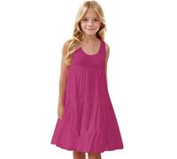 duxyoz Girl's Sundresses Summer Sleeveless Casual Midi Dress Loose Fit Skater Twirl A Line Party Dress Kids Solid Color Round Neck Boho Beach Sundress Girls Playwear Clothing Hot Pink 9-10 Years