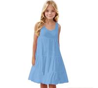 duxyoz Girl's Sundresses Summer Sleeveless Casual Midi Dress Loose Fit Skater Twirl A Line Party Dress Kids Solid Color Round Neck Boho Beach Sundress Girls Playwear Clothing Sky Blue 9-10 Years