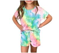 duxyoz Girls Two Piece Sets Short Sleeve T Shirts and Drawstring Shorts Tie-Dye Comfortable Summer Outfits Kids Clothing 2 Piece Teen Girls Clothes Graphic Tops Tee Short Pants suit 5-6 Years