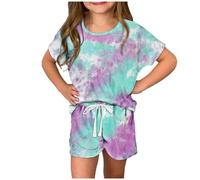 duxyoz Girls Two Piece Sets Short Sleeve T Shirts and Drawstring Shorts Tie-Dye Comfortable Summer Outfits Kids Clothing 2 Piece Teen Girls Clothes Graphic Tops Tee Short Pants suit 7-8 Years