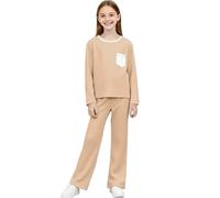 duxyoz Khaki Boys Girls Loungewear - Two-Piece Casual Pajamas Sets,Long Sleeve Tops + Pants 2 Piece Outfit,Solid Color Soft Comfortable Warm Homewear Sleepwear 8-9 Years