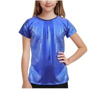 duxyoz Kids Boys Girls Dance Tops Shiny Sequins Shirt Round Neck Short Sleeve T-Shirts Vintage Stage Performance Dancewear Streetwear Outfit Hip Hop Jazz Dance Outfit Party Wear 11-12 Years