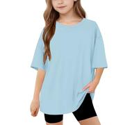 duxyoz Kids Boys Girls Short Sleeve Summer Tops Solid Color Loose Fit Lightweight T Shirts Soft Comfy Casual Blouse Plain Basic Tunic Tees Longline Crewneck Sporty Gym Tops for Children 10-11 Years