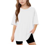 duxyoz Kids Boys Girls Short Sleeve Summer Tops Solid Color Loose Fit Lightweight T Shirts Soft Comfy Casual Blouse Plain Basic Tunic Tees Longline Crewneck Sporty Gym Tops for Children 14-15 Years