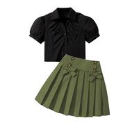 duxyoz Kids Girl Birthday Outfits 2 Pieces Summer Clothes Sets Puffy Sleeve Button Down Shirts Pleated Skirts School Wear Casual Fashion Cute Princess Dance Party Wear For Holiday 11-12 Years