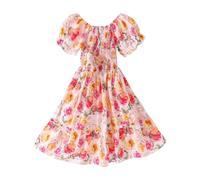 duxyoz Kids Girls Short Sleeve Summer Cotton Casual A-Line Dress Girdle Tiered Swing Flora Boho Beach Sundress Princess Birthday Party Flowy Lightweight Dress Midi Mini Sundress Multicolor 16-17 Years