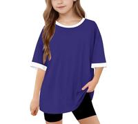 duxyoz Kids Girls Summer Tops Short Sleeve Loose Fit Casual T-Shirts Color Block Baggy Basic Tees Soft Comfy Oversizes Y2k Streetwear Stretch Crewneck Classic Fashion Tee Shirt Tunic Top 14-15 Years