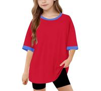 duxyoz Kids Girls Summer Tops Short Sleeve Loose Fit Casual T-Shirts Color Block Baggy Basic Tees Soft Comfy Oversizes Y2k Streetwear Stretch Crewneck Classic Fashion Tee Shirt Tunic Top 6-7 Years