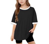 duxyoz Kids Girls Summer Tops Short Sleeve Loose Fit Casual T-Shirts Color Block Baggy Basic Tees Soft Comfy Oversizes Y2k Streetwear Stretch Crewneck Classic Fashion Tee Shirt Tunic Top 12-13 Years