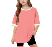 duxyoz Kids Girls Summer Tops Short Sleeve Loose Fit Casual T-Shirts Color Block Baggy Basic Tees Soft Comfy Oversizes Y2k Streetwear Stretch Crewneck Classic Fashion Tee Shirt Tunic Top 6-7 Years