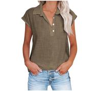 duxyoz Linen Shirt for Women UK Cap Sleeve Casual Blouse Plain Summer T Shirt Loose Fit Button Down Shirts Plus Size Tee Shirts Boho Tops Ladies Office Business Work Tops Brown XL
