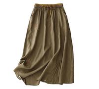 duxyoz Linen Skirts for Women UK Summer Elastic High Waist Loose A Lined Midi Skirt Cotton Linen Embroidery Elegant Casual Office Work Basic Party Dresses for Holiday Going Out Khaki L
