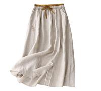 duxyoz Linen Skirts for Women UK Summer Elastic High Waist Loose A Lined Midi Skirt Cotton Linen Embroidery Elegant Casual Office Work Basic Party Dresses for Holiday Going Out Beige M