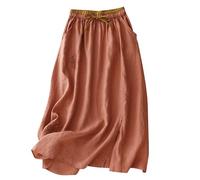 duxyoz Linen Skirts for Women UK Summer Elastic High Waist Loose A Lined Midi Skirt Cotton Linen Embroidery Elegant Casual Office Work Basic Party Dresses for Holiday Going Out Pink M