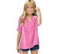 duxyoz Linen Tops for Girls Summer Short Sleeve Cotton Linen T-Shirts V Neck Loose Fit Longline Blouse Solid Color Basic School Shirts Blouse Casual Baggy Top Plain Breathable Tunic Tees 14-15 Years