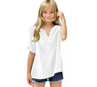 duxyoz Linen Tops for Girls Summer Short Sleeve Cotton Linen T-Shirts V Neck Loose Fit Longline Blouse Solid Color Basic School Shirts Blouse Casual Baggy Top Plain Breathable Tunic Tees 11-12 Years