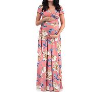 duxyoz Maternity Floral Summer Dresses for Women Plus Size Casual V-Neck Short-Sleeved Belted Breastfeeding Nursing Dress Flowy Lace Up A-Line Maxi Pregnant Dress for Photography Baby Shower Pink S