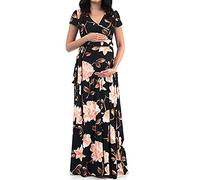 duxyoz Maternity Floral Summer Dresses for Women Plus Size Casual V-Neck Short-Sleeved Belted Breastfeeding Nursing Dress Flowy Lace Up A-Line Maxi Pregnant Dress for Photography Baby Shower Black M