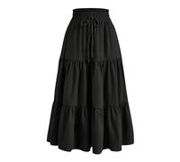 duxyoz Maxi Skirts for Women Summer Boho Tiered Long Flowy Skirt Bohemian Boho Drawstring High Waisted Swing A-Line Skirt Casual Party Holiday Ruffle Gypsy Vintage Pleated Skirts Full Length Black