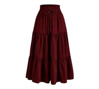 duxyoz Maxi Skirts for Women Summer Boho Tiered Long Flowy Skirt Bohemian Boho Drawstring High Waisted Swing A-Line Skirt Casual Party Holiday Ruffle Gypsy Vintage Pleated Skirts Full Length Wine