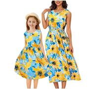 duxyoz Momand Me Dresses Mother and Daughter Dress Summer Sleeveless Boho Maxi Sundress Family Matching Dress Floral Printed Casual Beach Cute Hawaiian Long Dresses Holiday Vacation Sky Blue