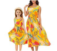 duxyoz Momand Me Dresses Mother and Daughter Dress Summer Sleeveless Boho Maxi Sundress Family Matching Dress Floral Printed Casual Beach Cute Hawaiian Long Dresses Holiday Vacation Orange