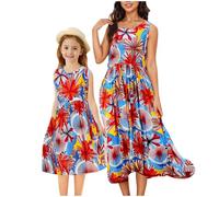 duxyoz Momand Me Dresses Mother and Daughter Dress Summer Sleeveless Boho Maxi Sundress Family Matching Dress Floral Printed Casual Beach Cute Hawaiian Long Dresses Holiday Vacation Red