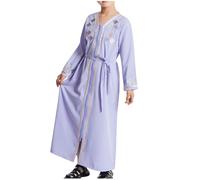 duxyoz Muslim Maxi Dress for Girls Kids Long Sleeve Zip Up Long Robe with Belts Vintage Classic V Neck Abaya Flowy Casual Modest Embroidered Dresses Pullover Jumper Dubai Prayer Robes 7-8 Years
