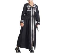 duxyoz Muslim Maxi Dress for Girls Kids Long Sleeve Zip Up Long Robe with Belts Vintage Classic V Neck Abaya Flowy Casual Modest Embroidered Dresses Pullover Jumper Dubai Prayer Robes 11-12 Years
