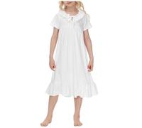 duxyoz Nightdress Girls Short Sleeve Pajamas Ruffle Lace Up Vintage Nighties Kids Loose Homeware Sleepwear Full Length Dresses Princess Nightwear Casual A-Line Dress 01 White 13-14 Years