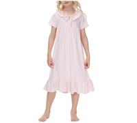 duxyoz Nightdress Girls Short Sleeve Pajamas Ruffle Lace Up Vintage Nighties Kids Loose Homeware Sleepwear Full Length Dresses Princess Nightwear Casual A-Line Dress 01 Pink 5-6 Years