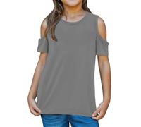 duxyoz Off The Shoulder Tops for Girls Kids Short Sleeve Summer T-Shirt Loose Fit Casual Crewneck Blouse Solid Plain Comfortable Clothes Cute Fashion Tunic Tee Top for Teen Girl 9-10 Years