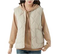 duxyoz Padded Puffer Gilet Quilted Sleeveless Jacket Ladies Lightweight Body Warmer Warm Padded Vest Button Up Crew Neck Puffer Vest Solid Color Loose Casual Waistcoat Windproof Gilet 01 Beige L