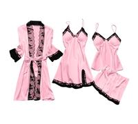 duxyoz Pajamas for Women UK 4 Piece Pj Sets Ladies Lace Nightdress Lingerie Set Front Tie Robe Dress Underwear Tops Shorts Robe With Belt Lace Trim Loungewear Cami Bras Sleepwear Elegant 02Pink S