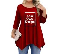 duxyoz Personalised T-Shirt Women Custom T Shirts Ladies UK3/4 Sleeve Text Image Photo Customise Shirt Flowy Plus Size Tunic Tops Lightweight Loose Tee Red XL