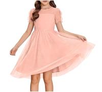duxyoz Pink Girls Puff Short Sleeve Summer Dresses Contrast Mesh Jacquard Swiss Dot Party Dress High Waist A Line Casual Swing Midi Dresses Flowy Twirly Sundress Birthday Prom Ball Gowns 9-12 Years