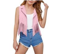 duxyoz Pink Girls Suede Fringe Waistcoat Cropped Open Front Cardigan Tops Cowgirls Hippie Dance Tassel Jacket Sleeveless Lapel Collar Casualcoats 70s Vintage Retro Streetwear Gilet 11-12 Years