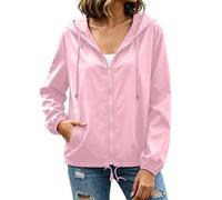 duxyoz Pink Lightweight Waterproof Jacket for Women UK - Windproof,Water Resistance,Drawstring Hood,Slit Pockets,Loose,Thin,Breathable Raincoat,Bicycle Cycling Travel Outdoor Rain Jackets S
