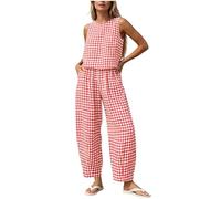 duxyoz Pink Women'S 2 Piece Outfits，Plaid Print Lounge Sets，Summer Gingham Co Ord Set，Checkered Gym Outfit，Festival Airport Clubland Airport Vacation Sleep & Lounge Nightwear Sleepwear Homewear M