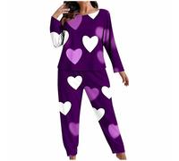 duxyoz Pyjamas for Women Set Plus Size Valentine Pyjamas Sets 2 Piece Pjs Long Sleeve Sleepwear Top & Pants Lounge Set Soft Comfy Heart Printed Holiday Pjs Nightwear Valentine'S Outfits Purple 3XL
