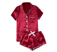 duxyoz Satin Pyjamas Set Women Short Sleeve Button-Down Pjs Sleepwear Nightwear Outfits Set 2 Pieces Pj Soft Comfy Lounge Solid Color Lounge Sets Homewear Clothes Summer Casual 01Hot Pink M