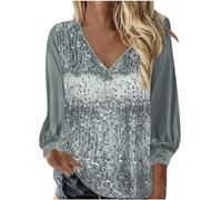 duxyoz Sequin Tops for Women UK - Sparkly,Sparkle,Glitter,Shimmer,Patchwork,Elegant,V-Neck,Long Sleeve Velvet Plus Size Going Out Party Tops Ladies Shirts Blouse Size 12