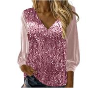 duxyoz Sequin Tops for Women UK - Sparkly,Sparkle,Glitter,Shimmer,Patchwork,Elegant,V-Neck,Long Sleeve Velvet Plus Size Going Out Party Tops Ladies Shirts Blouse Size 16 A Pink