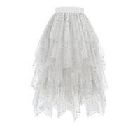 duxyoz Sequins Tutu Skirts for Womens Ladies Elastic High Waist A-Line Overlay Layered Mesh Dress Sparkly Homecoming Prom Party Irregular Yarn Skirts Shiny Star Princess Fairy Midi Dress White S