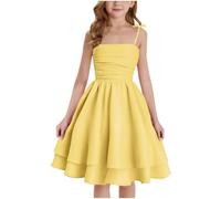 duxyoz Spring Summer Dresses for Girls UK Square Neck Off Shoulder Sundress Kids Smocked Tiered Layered Princess Party Dress Casual A-Line Cami Dresses Flower Girl Mini Dress 9-10 Years Yellow