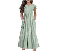 duxyoz Summer Dresses for Girls Tiered A Line Casual Short Sleeve Dress with Pockets Ruffle Sleeve Round Neck Maxi Boho Flora Sundress High Waist Stretch Holiday Vacation Long Dresses 12-13 Years