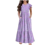 duxyoz Summer Dresses for Girls Tiered A Line Casual Short Sleeve Dress with Pockets Ruffle Sleeve Round Neck Maxi Boho Flora Sundress High Waist Stretch Holiday Vacation Long Dresses 10-11 Years