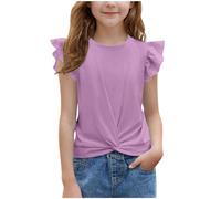 duxyoz Summer T Shirts for Girls Kids Ruffle Sleeve Casual Tops Twist Front Solid Color Round Neck Tee Shirt Fashion Trendy Loose Tunic Elegant Leisure A-Line Blouse Children's Clothing 11-12 Years